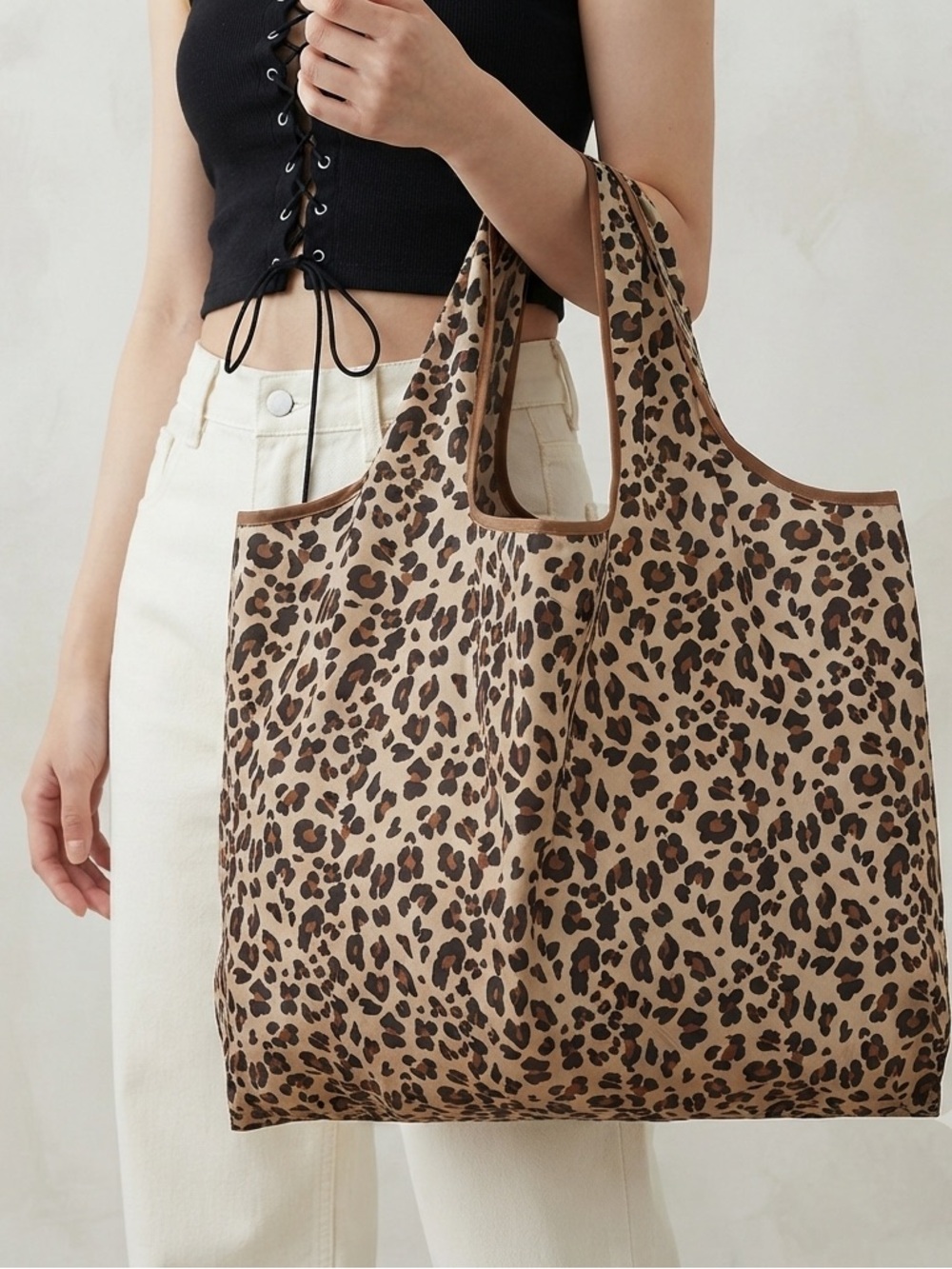 Waterproof Extra Large Foldover Leopard Print Tote Purse Bag